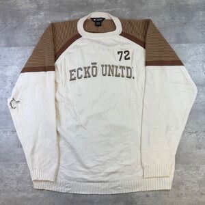 Vintage Ecko Unltd Mens Large Cream Brown Colorblock Embroidered Knit Sweater